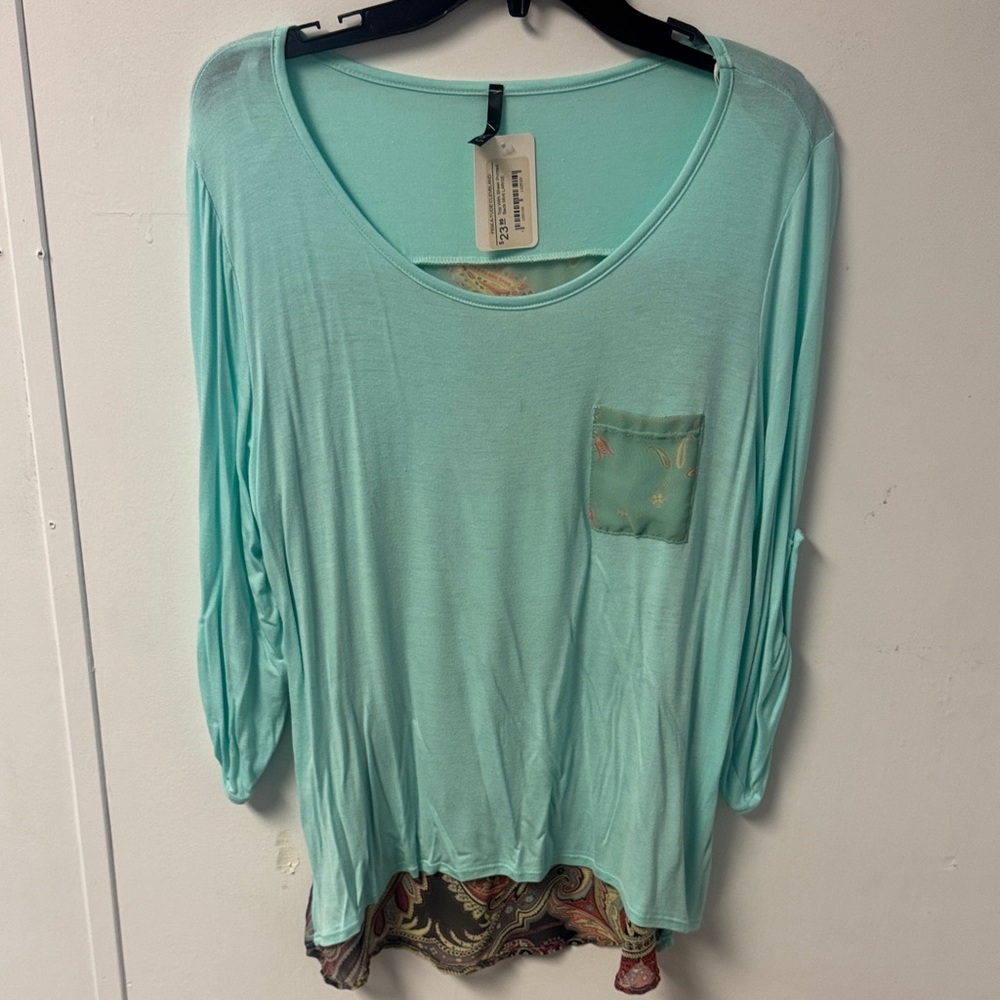 Elegant Aqua Long Sleeve Top with Paisley Accent